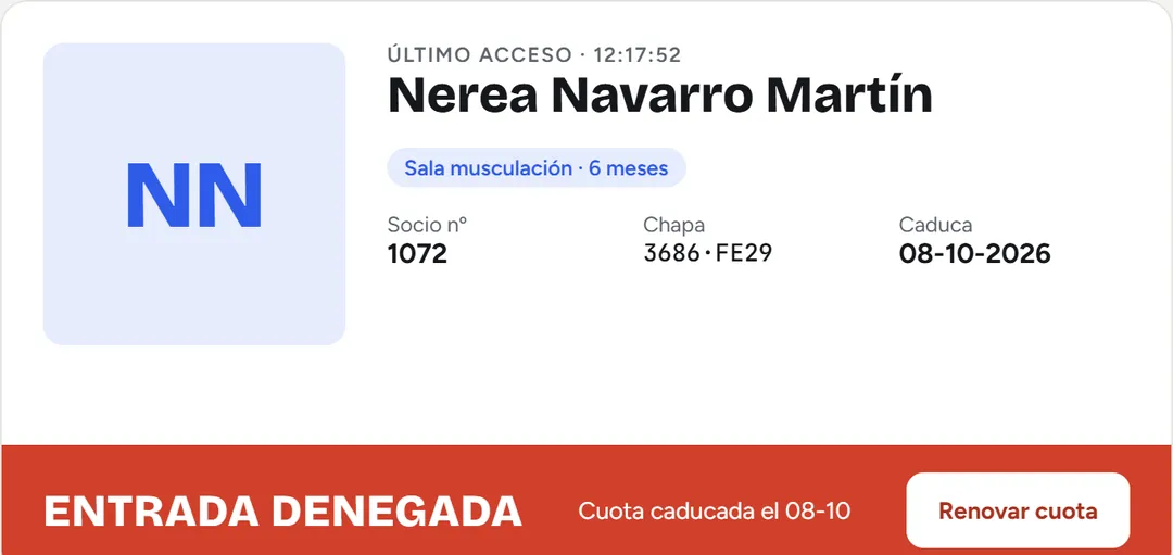Otro socio con la cuota caducada: «Entrada denegada», el motivo y el botón «Renovar cuota»