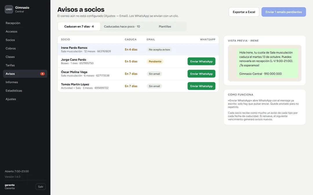 Avisos de cuota: socios que caducan en los próximos días, con el mensaje de WhatsApp ya escrito