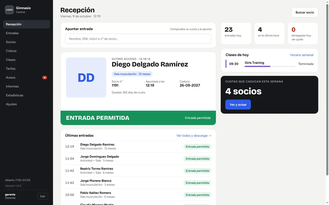 Recepción en el plan Gestión: se busca al socio y se apunta su entrada