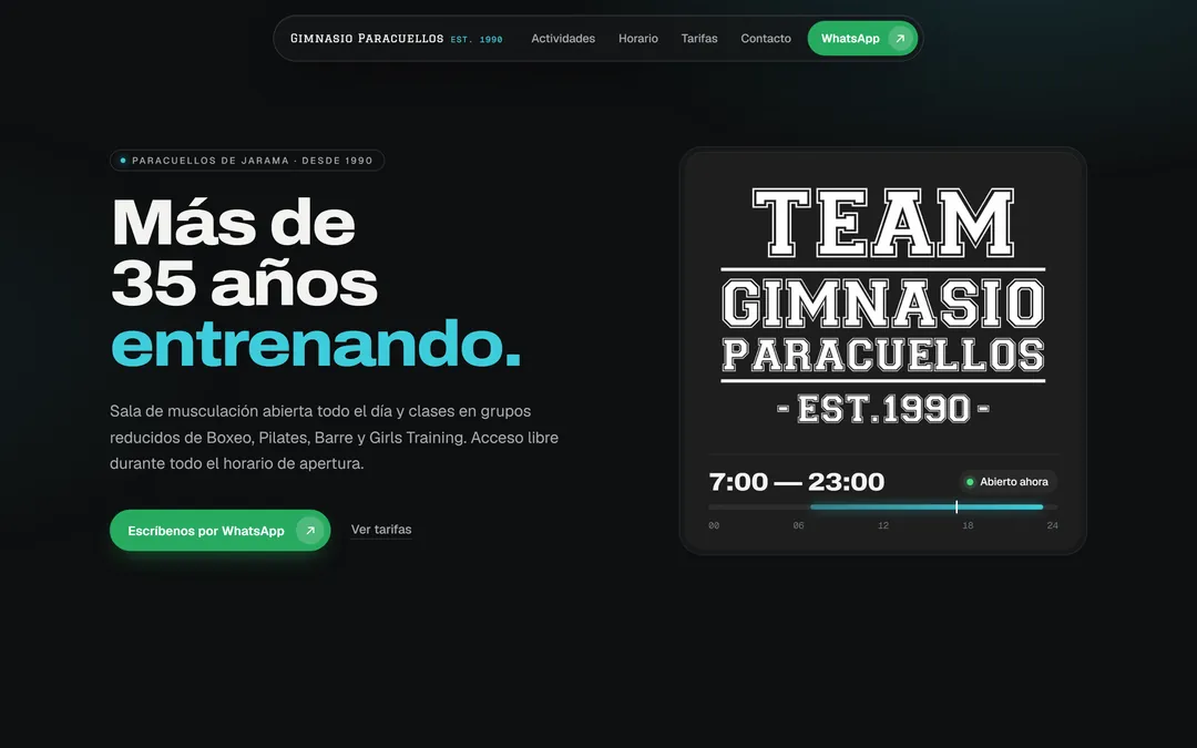 Web del Gimnasio Paracuellos en el ordenador: «Más de 35 años entrenando», el horario de apertura y el botón de WhatsApp