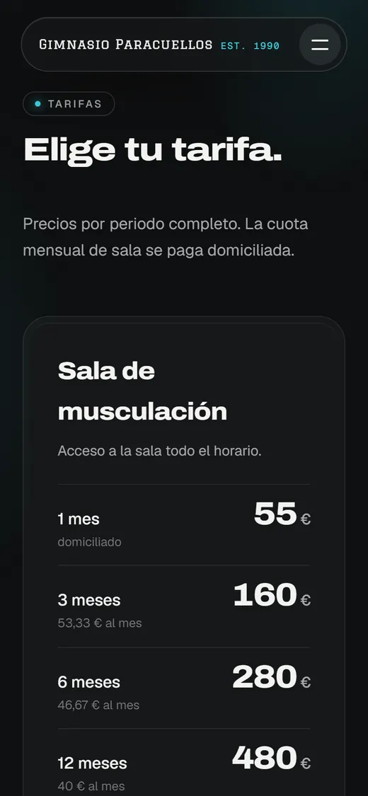 La misma web en el móvil: tarifas de sala, actividad más sala y solo una actividad